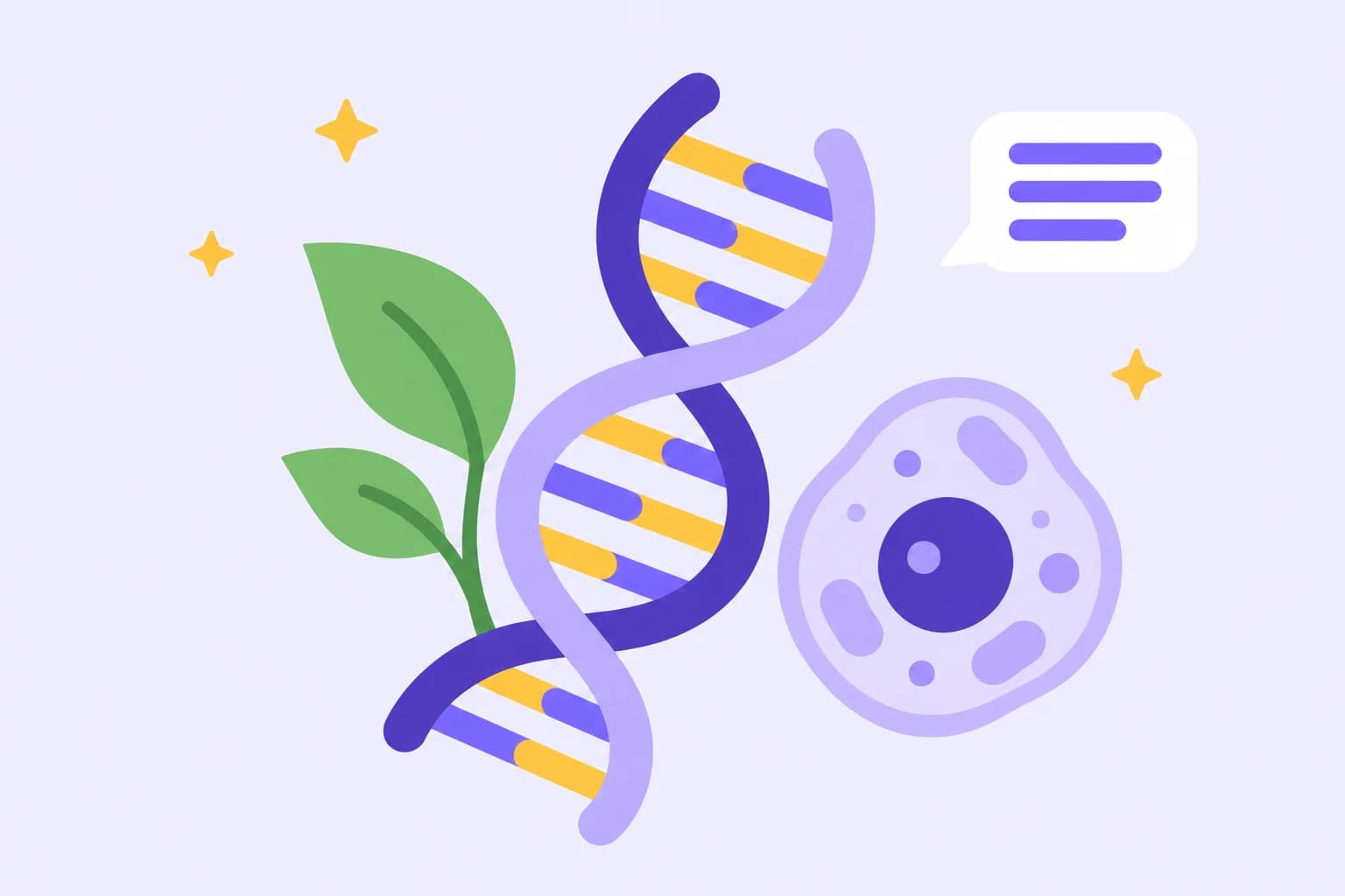 একটি পাতা আর একটি কোষের পাশে DNA-এর ডাবল হেলিক্স, সঙ্গে একটি স্পিচ বাবল
